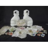 A pair of Staffordshire dogs along with a collection of vintage embroidered handkerchiefs etc.