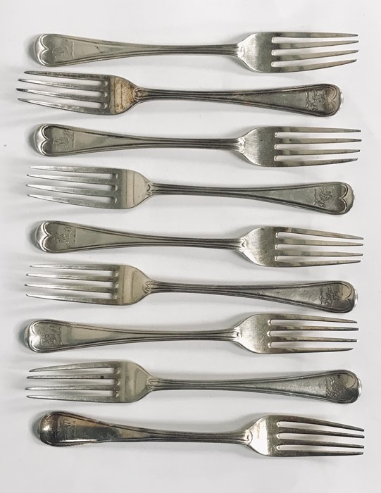 A matched set of 9 hallmarked silver forks, total weight 298.7g (9.6 troy ounces), earliest London