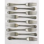 A matched set of 9 hallmarked silver forks, total weight 298.7g (9.6 troy ounces), earliest London