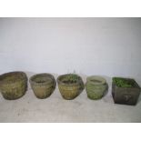 A collection of five concrete garden pots
