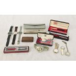 A collection of various watches ( including Seiko and Sutit, Geneve), pens, a Hohner Echo and