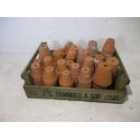 A collection of small terracotta garden pots in a wooden crate (crate stamped J.C.Hammond & Son