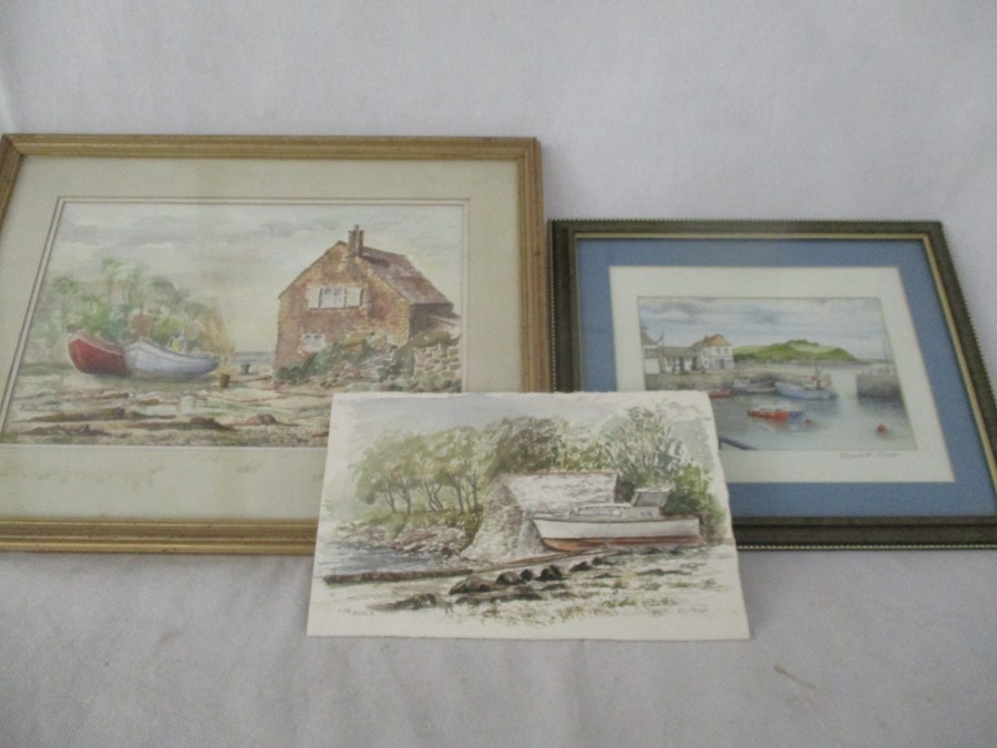 Two watercolour of Cornish scenes both signed D Fryer along with a signed print by Elisabeth