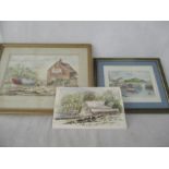 Two watercolour of Cornish scenes both signed D Fryer along with a signed print by Elisabeth