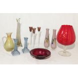 A collection of art glass including candlesticks, oversized brandy glass, Maastricht vase designed