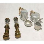 Two Great Western Railway marked brass lamps along with a small collection of Piquot ware