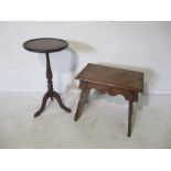 An Arts & Crafts wooden stool, along with a wine table on tripod legs