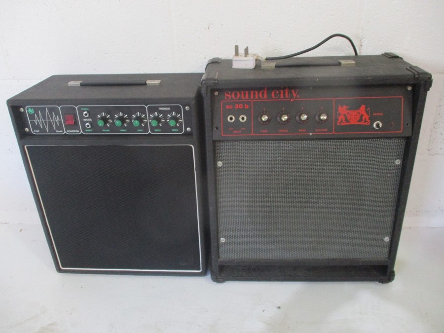 Two vintage guitar amps, a JSH C15T and a Sound City SC30B.