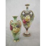 A Royal Worcester two handled vase hand painted with roses, signed A Shuck ( no lid) along with a