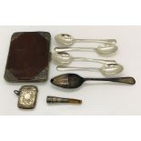 A hallmarked silver vesta case, crocodile skin card case with silver corners, tea spoons etc.