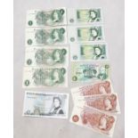 A small collection of British bank notes including £5, £1, 10 shillings etc.