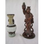 A Chinese Raku Celadon crackle glazed vase, 28cm along with an Oriental carved figure lamp