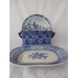 A Victorian style footbath along with a Spode "Camilla" meat plate and a Delft charger