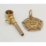 A Chinese gold pendant along with an unmarked gold watch key, total weight 5.8g
