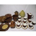 A part Poole Pottery coffee set including a coffee pot, cups & saucers etc, along with a selection