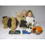 A small collection of dolls and teddies etc. including a Helga Weich porcelain headed doll,