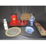 A collection of oriental items including a Chinese Vases (A/F), lacquerware and fans etc