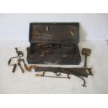 A vintage tools chest with various tools enclosed included saws, wooden mallets etc