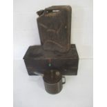 A Jerry can with broad arrow stamp, oil can and a tool box