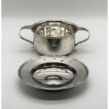 A hallmarked silver dish along with a silver two handled sugar bowl, total weight 215.2g