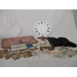 A collection of miscellaneous items including cigarette cards ( Sarony & Cavanders) moleskin gloves,