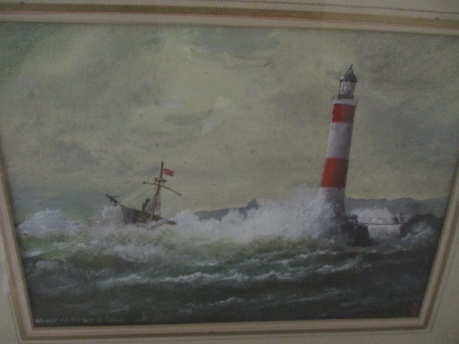 A watercolour of "Wreck on the Welsh Coast" by Stephen Chapman along with an oil of a harbour - Image 2 of 11