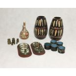 A collection of items including five cloisonné napkin rings, Japanese style long necked vase, pair