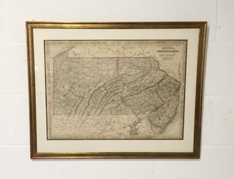 A framed Johnsons Map of Pennsylvania and New Jersey, published by A J Johnson, New York in 1864. (