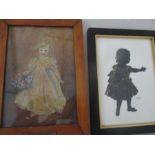 A miniature painting of a young girl signed E Cayley along with a silhouette of a girl with gilt