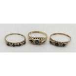 Three 9ct gold dress rings, 2 with stones missing, total weight 6g