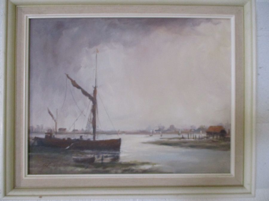 A watercolour of "Wreck on the Welsh Coast" by Stephen Chapman along with an oil of a harbour - Image 7 of 11