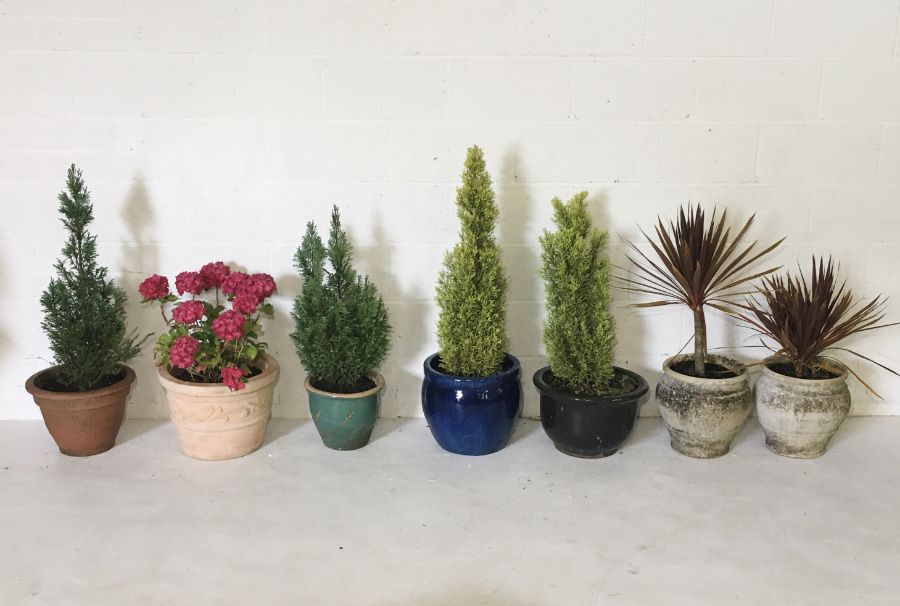 A collection of seven glazed, stoneware and terracotta pots