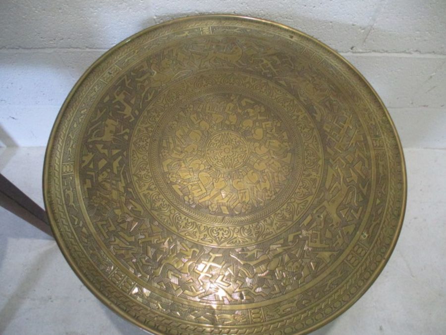 A Middle Eastern brass top table plus one other. - Image 3 of 9