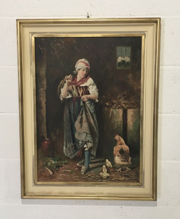 Oil painting of an eastern European lady feeding chickens signature indistinct.