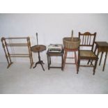 An miscellaneous assortment of items including an occasional table, a brass lamp stand, a drying