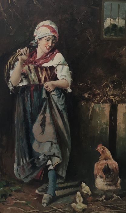 Oil painting of an eastern European lady feeding chickens signature indistinct. - Image 2 of 3