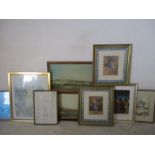 A collection of framed prints and a watercolour