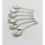 A set of six hallmarked silver coffee spoons with shell motif to bowls, total weight 65.2g