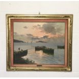 A gilt framed oil painting signed Giovi showing boats at sunset 73cm x 58cm