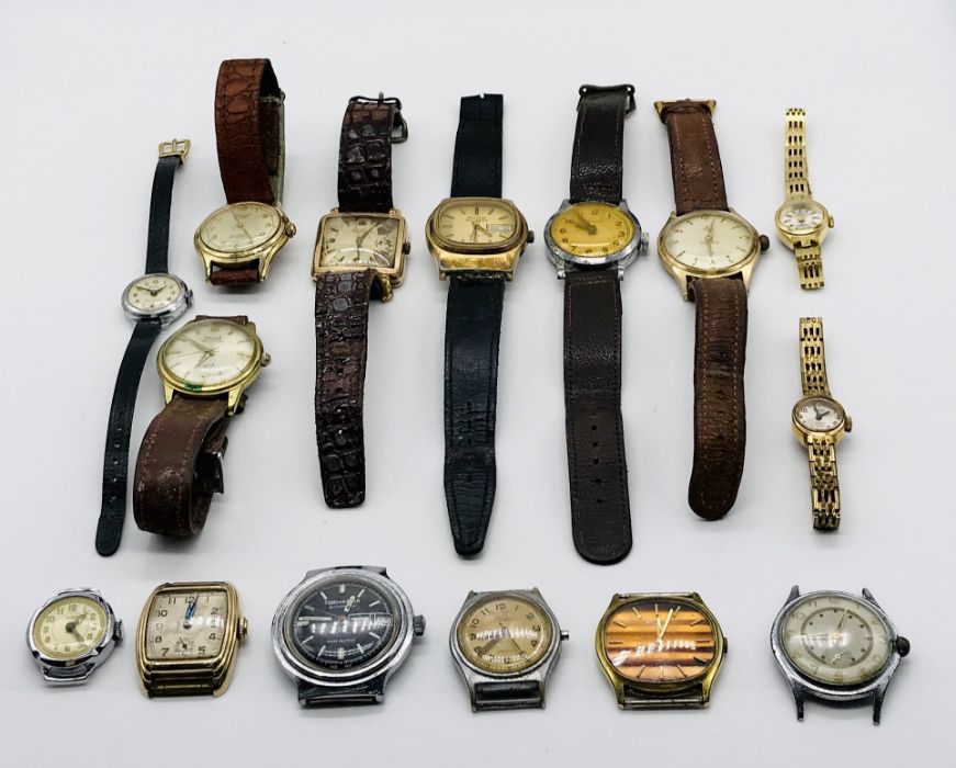 A collection of vintage watches including Pierpoint, Newmark, Bulova etc. in brass bound box