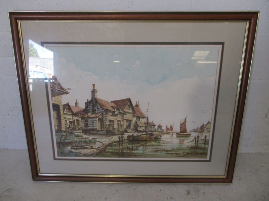 A large watercolour of a Cornish harbour scene signed David James