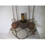 A assortment of Copper and brass items, including Hunting Horns, Kettles, a Shell, Candlesticks etc