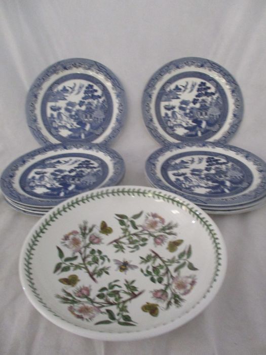 A Portmerion "Botanic Garden" shallow bowl along with a set of 10 Churchill "Willlow" pattern