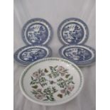 A Portmerion "Botanic Garden" shallow bowl along with a set of 10 Churchill "Willlow" pattern