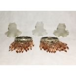 Two miniature drop crystal chandelier light fittings along with three vintage glass shades