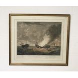 A framed hand coloured print of "The Quebec and the Surveillante" by Richard Paton, depicting a