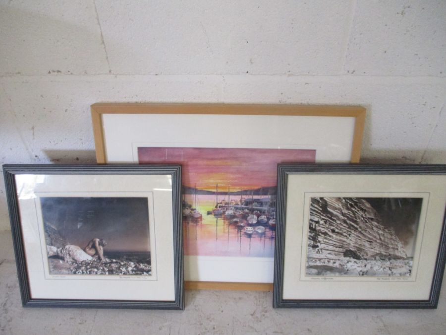 A watercolour " Sunrise, Lyme Regis" by Chris Evans along with two Ltd. edition photographs by