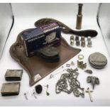 A collection of miscellaneous items including silver thimbles, crumb tray, Meccano no.1 clockwork