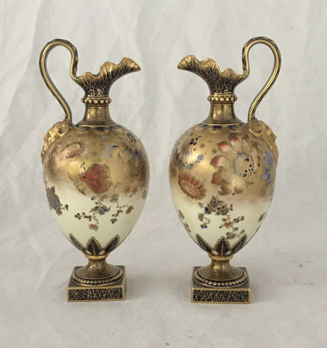 A pair of Royal Crown Derby mask handled Jugs of bulbous form in the Imari palette with Oriental - Image 4 of 7