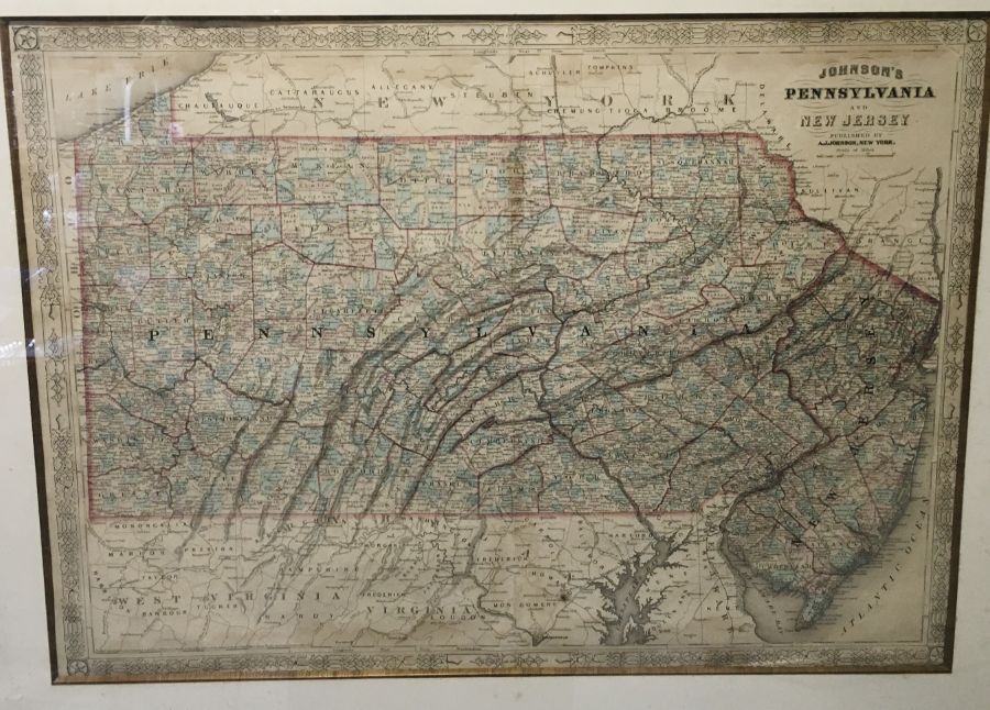 A framed Johnsons Map of Pennsylvania and New Jersey, published by A J Johnson, New York in 1864. ( - Image 2 of 2